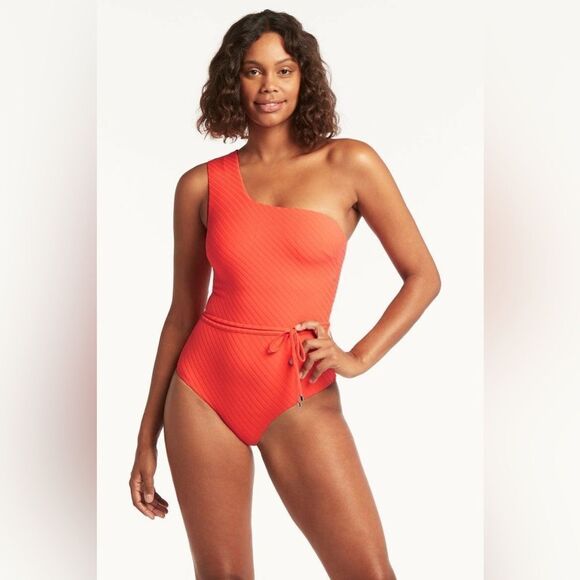Sea Level Australia One Shoulder Vesper Wide Strap Diagonal One Piece Tangerine - Picture 1 of 14